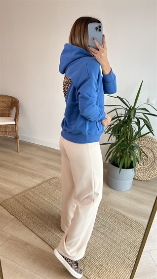 Sırtı Leopar Detay Kapüşonlu Mavi Sweatshirt