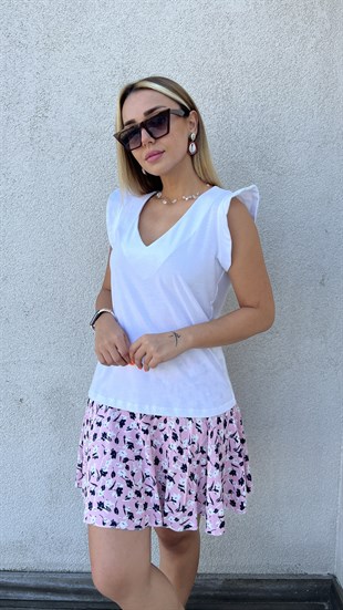 Kolları Volanlı V Yaka Beyaz Tshirt