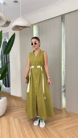 Yeşil Awella V Yaka Fermuarlı Orj Model Elbise 