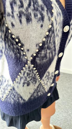 Mavi Paro Taş Detaylı Baklava Desen Hırka