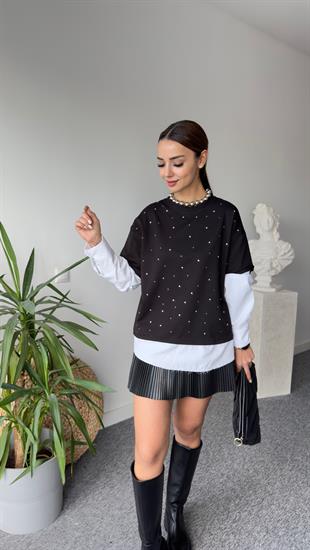 Gömlek Detay Taşlı Siyah Sweat