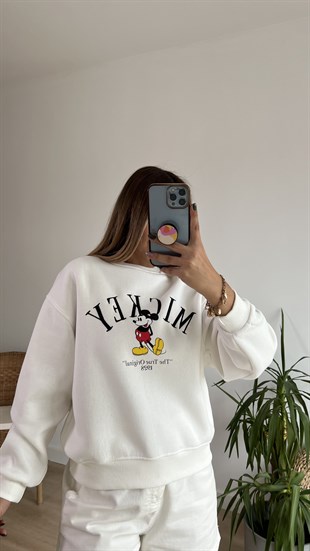 Mickey İşlemeli Beyaz Sweatshirt