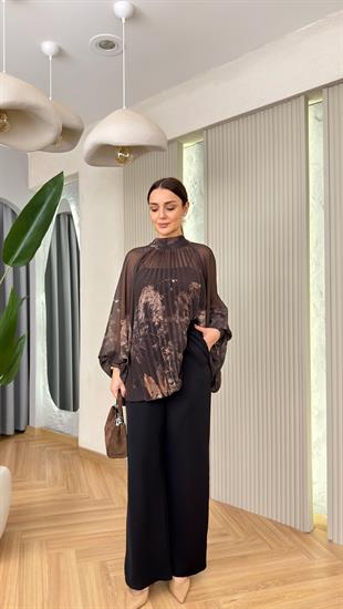 Louje Yarasa Kol Desenli Şifon Bluz