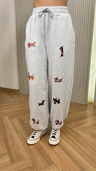 Köpek Desenli Paça Stoper Gri Eşofman Altı