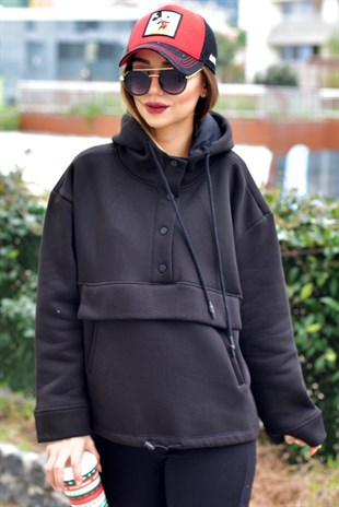 Önden Düğmeli Kapüşonlu Siyah Sweat