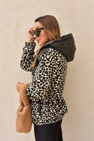 Kapitone Leopar Desen İnce Mont