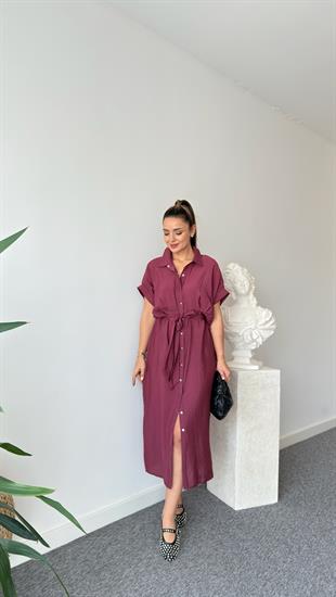 Bordo Lunea Kuşaklı Tensel Elbise 