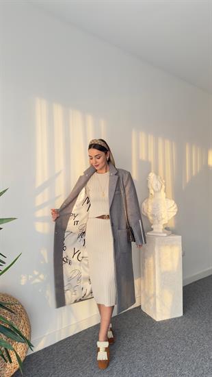 Astarı Baskılı Sırtı Yazılı Premium Gri Kaşe Kaban