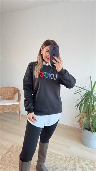 London Baskı Siyah Sweat