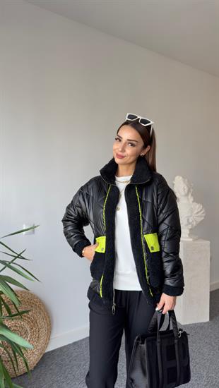 Neon Şerit Detaylı Siyah Premıum Mont