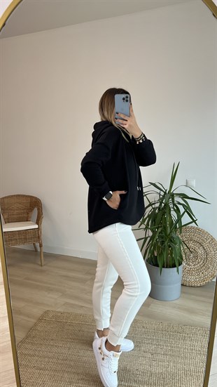 Kapüşonlu Yaka Detay Siyah Sweatshirt