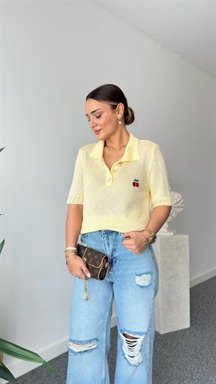 Sarı Kiraz Detaylı Triko Bluz