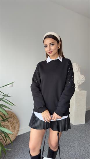 Siyah Kollar Boncuk Detay Sweat