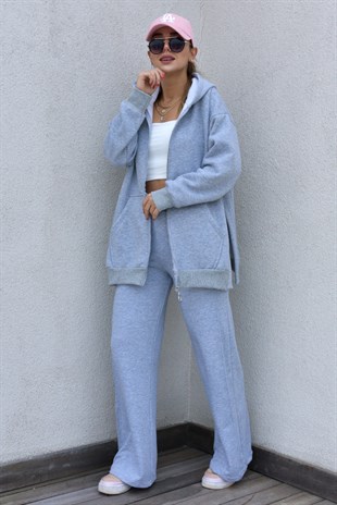Şardonlu Yırtmaçlı Gri Sweat
