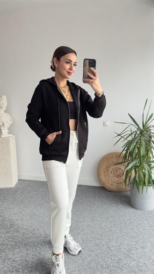 Şardonlu Siyah Kapüşonlu Sweatshirt