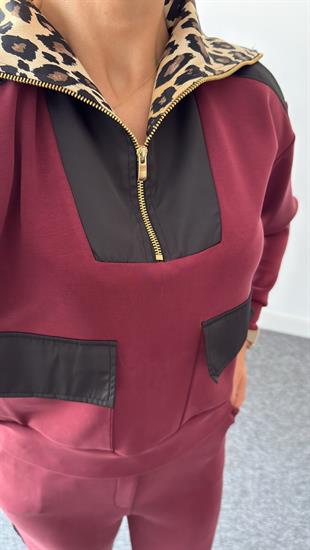 Bordo Premium Leopar Detaylı Modal Takım