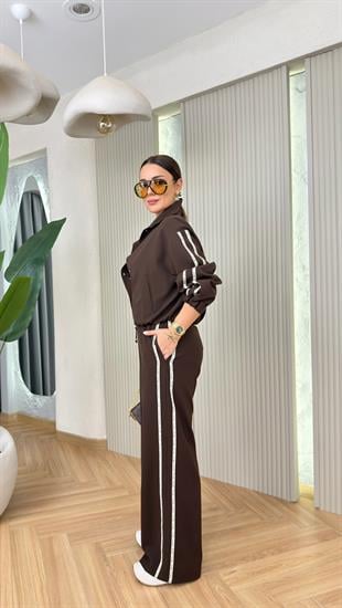 Kahve Zelka Şerit Detaylı Astarlı Ceket