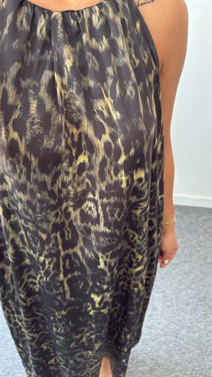 Saten Halter Yaka Leopar Desenli Elbise 
