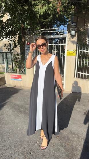 Beyaz Şerit Detaylı Elbise 