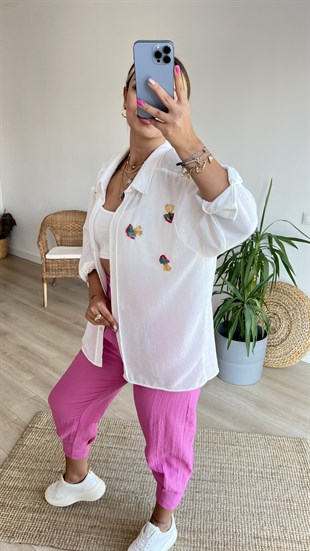 İşleme Taş Detaylı Oversize Keten Gömlek