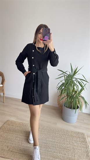 Düğmeli Siyah Denim Elbise