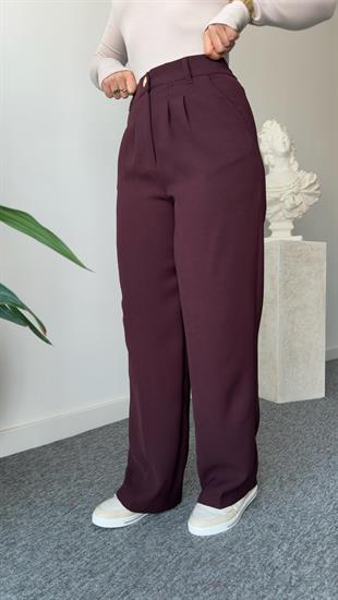 Bordo Gold Düğme Bel Lastikli Pantolon