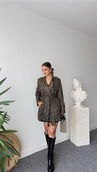 Yeşil Zra Model Kuşaklı Leopar Ceket
