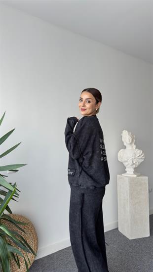 Taş Yazı Detaylı Yıkamalı Antrasit Eşofman Takımı