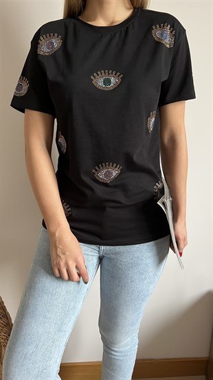 Göz Detaylı Siyah Tshirt