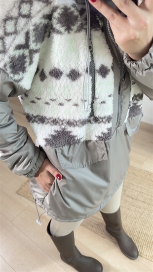 İçi Peluş Yarım Fermuarlı Gri Mont