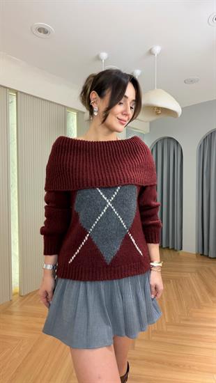 Bordo Madonna Yaka Baklava Desen Kazak