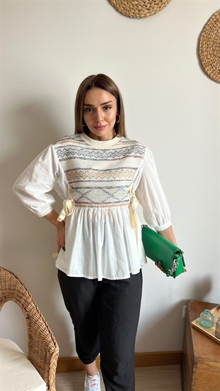 Dokuma Detaylı Yanları Bağcıklı Bluz