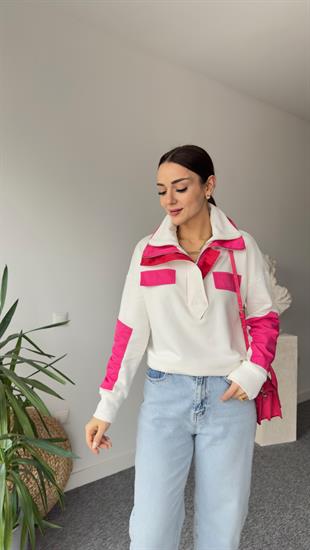 Çift Yaka Pembe Detaylı Tasarım Sweat