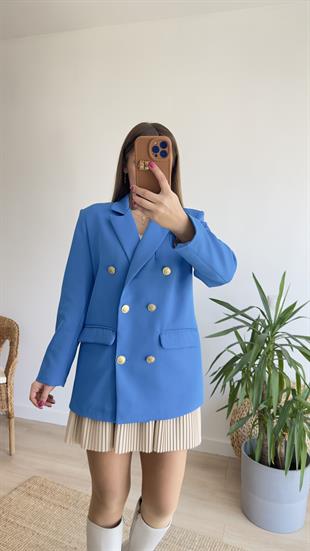 Renkli Astarlı Mavi Blazer Ceket