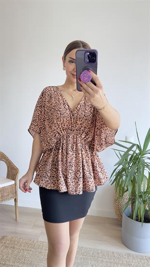 Yarasa Kol Bel Büzgülü Leopar Bluz