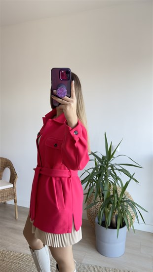 Kuşaklı Pembe Kaşe Ceket 