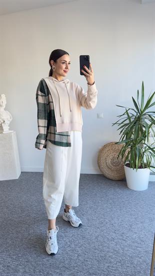 Yan Yeşil Ekoseli Kapüşonlu Sweat