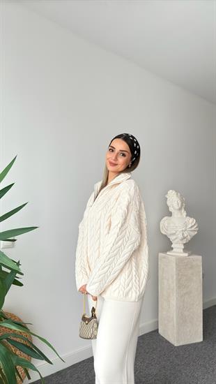 Bej Saç Örgülü Fermuarlı Kazak