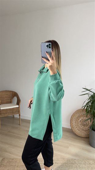 Yanları Yırtmaçlı Yeşil Modal Sweatshirt