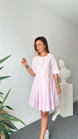 Pembe Lana Önü Pileli Elbise 