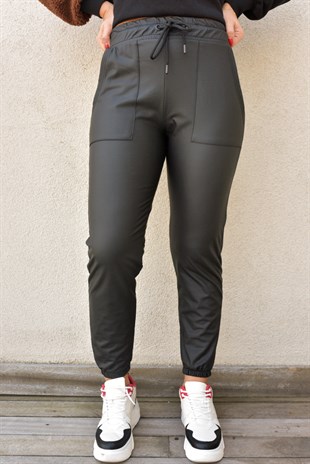Siyah Deri Jogger Pantolon