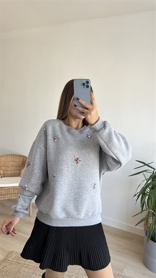 Renkli Taş İşlemeli Gri Sweat