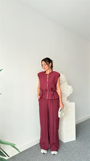 Bordo Rafto Taş Detaylı Yelek Pantolon Takım