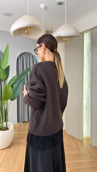 Kahve Honna Etek Ucu Dantel Detaylı Kazak