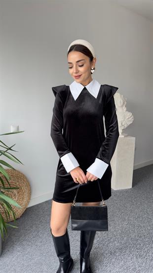 Marka Model Gömlek Yaka Siyah Kadife Elbise 
