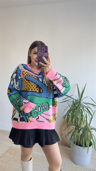 Renkli Desenli Tasarım Pembe Kazak
