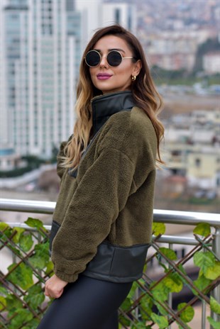 Yarım Fermuarlı Deri Detaylı Peluş Sweat