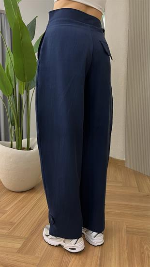 Lacivert Paça Düğme Detaylı Pantolon
