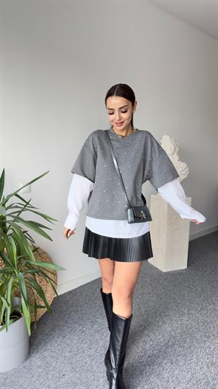 Gömlek Detay Taşlı Gri Sweat