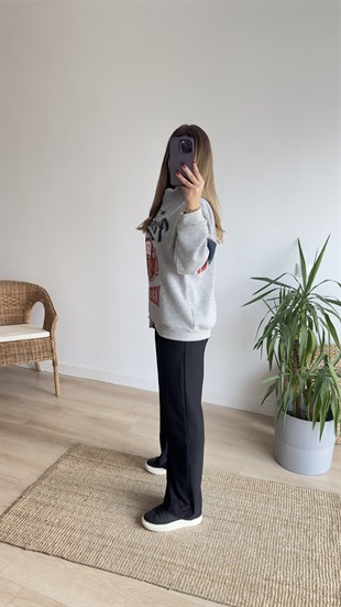 Yarım Fermuar Baskılı Gri Sweat